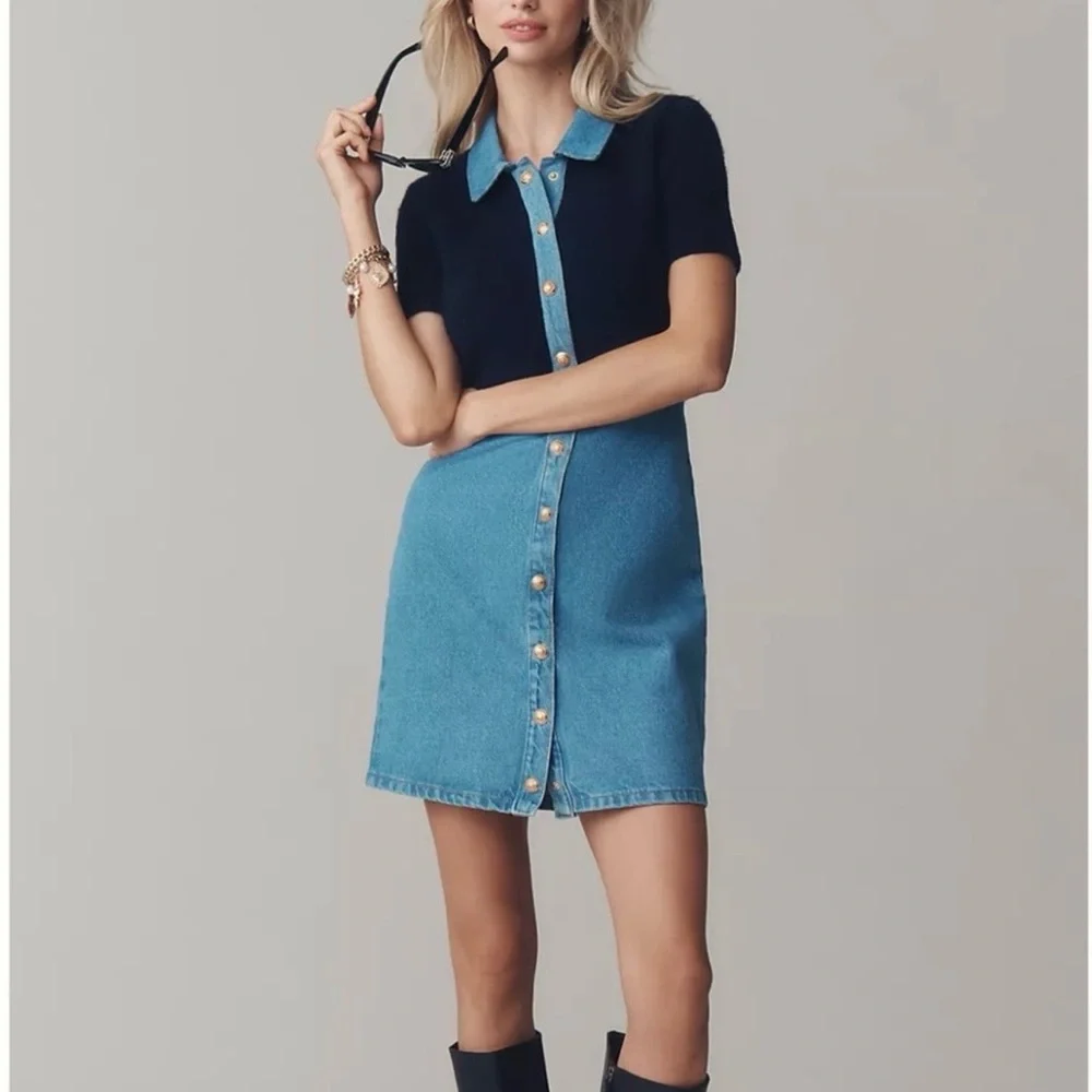 Anthropologie Black and Blue Button-Front Midi Skirt